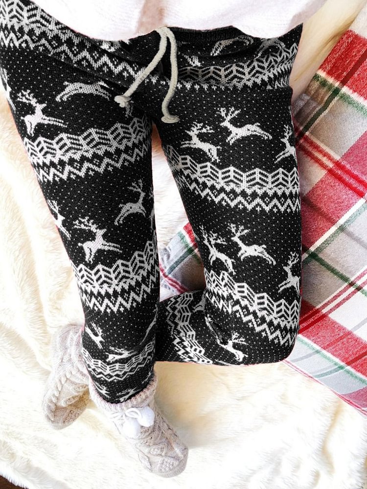 Christmas elk print plus velvet lace-up pants-luchamp:luchamp
