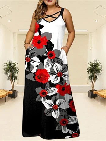 Women's Sleeveless V Neck Flower Print Plus Size Loose Casual Dress