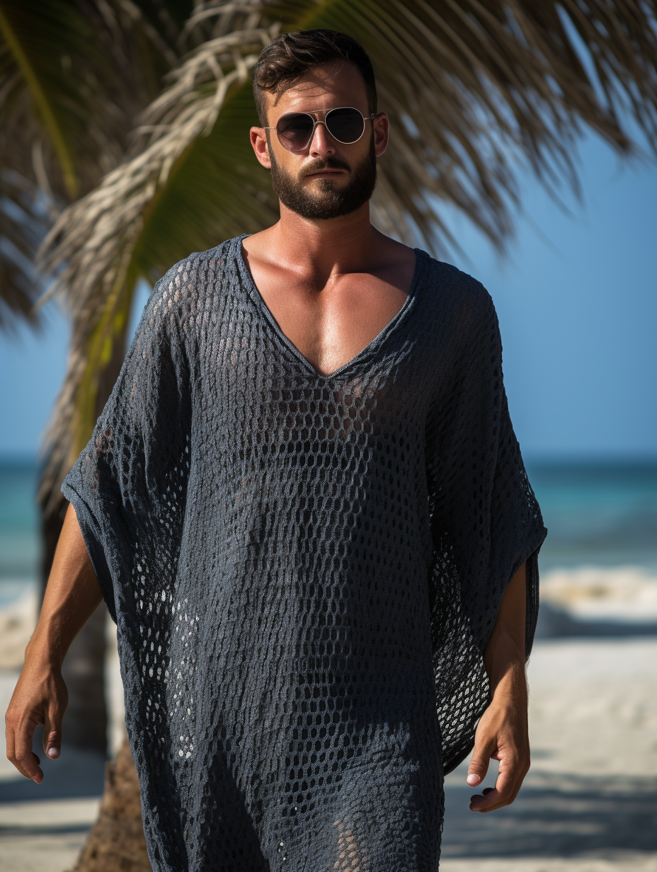 Black & Navy Net V-neck Men Kaftan Long Caftan