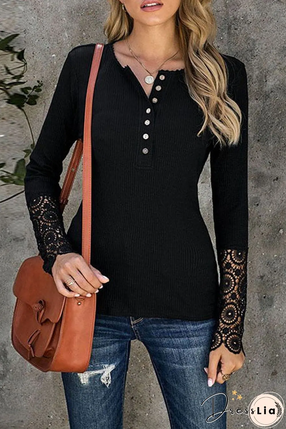 Lace Patchwork Button Long Sleeve Top