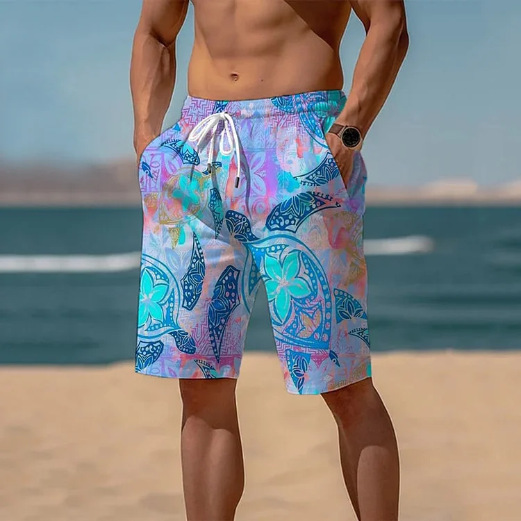 Men's Beach Gradient Floral Print Drawstring Pocket Shorts