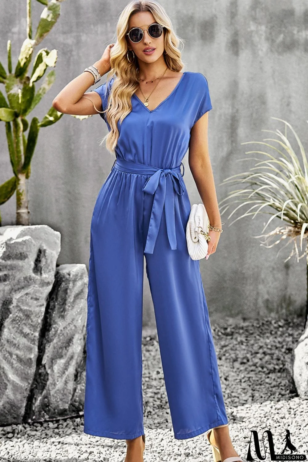 MidiSono - Tie Belt V-Neck Short Sleeve Jumpsuit