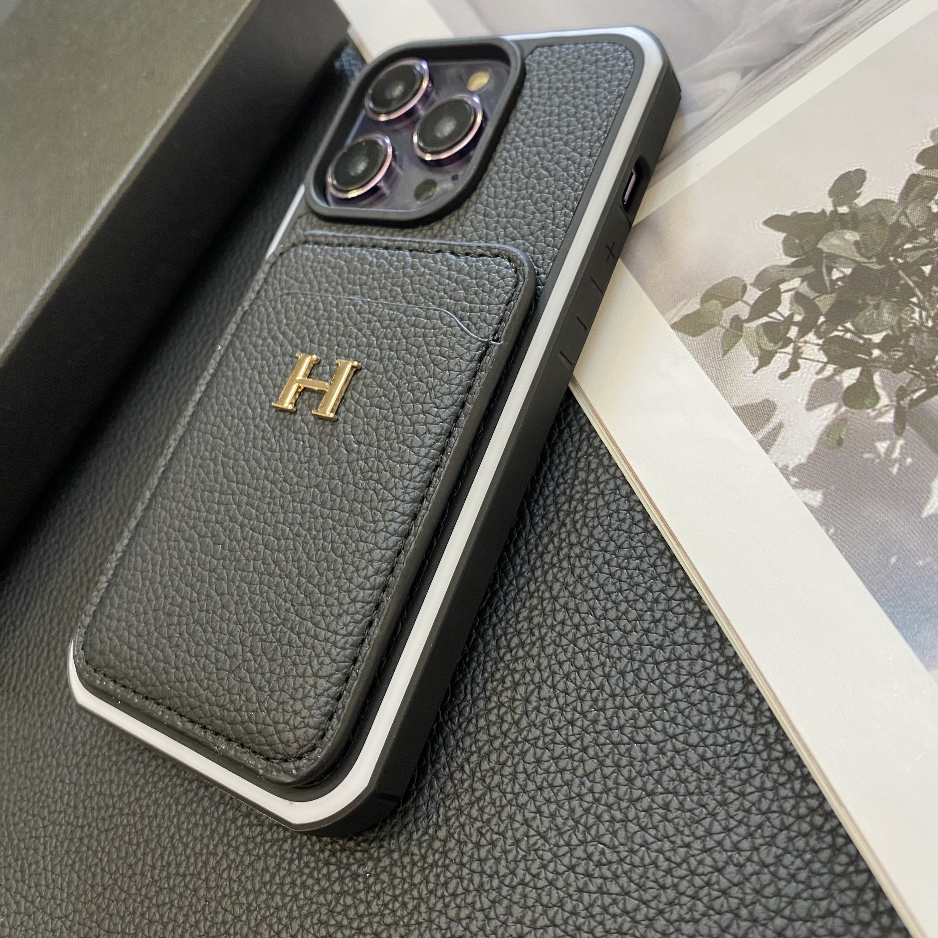 Hermes Genuine Leather Lychee Pattern Back Card Slot Apple iPhone Case