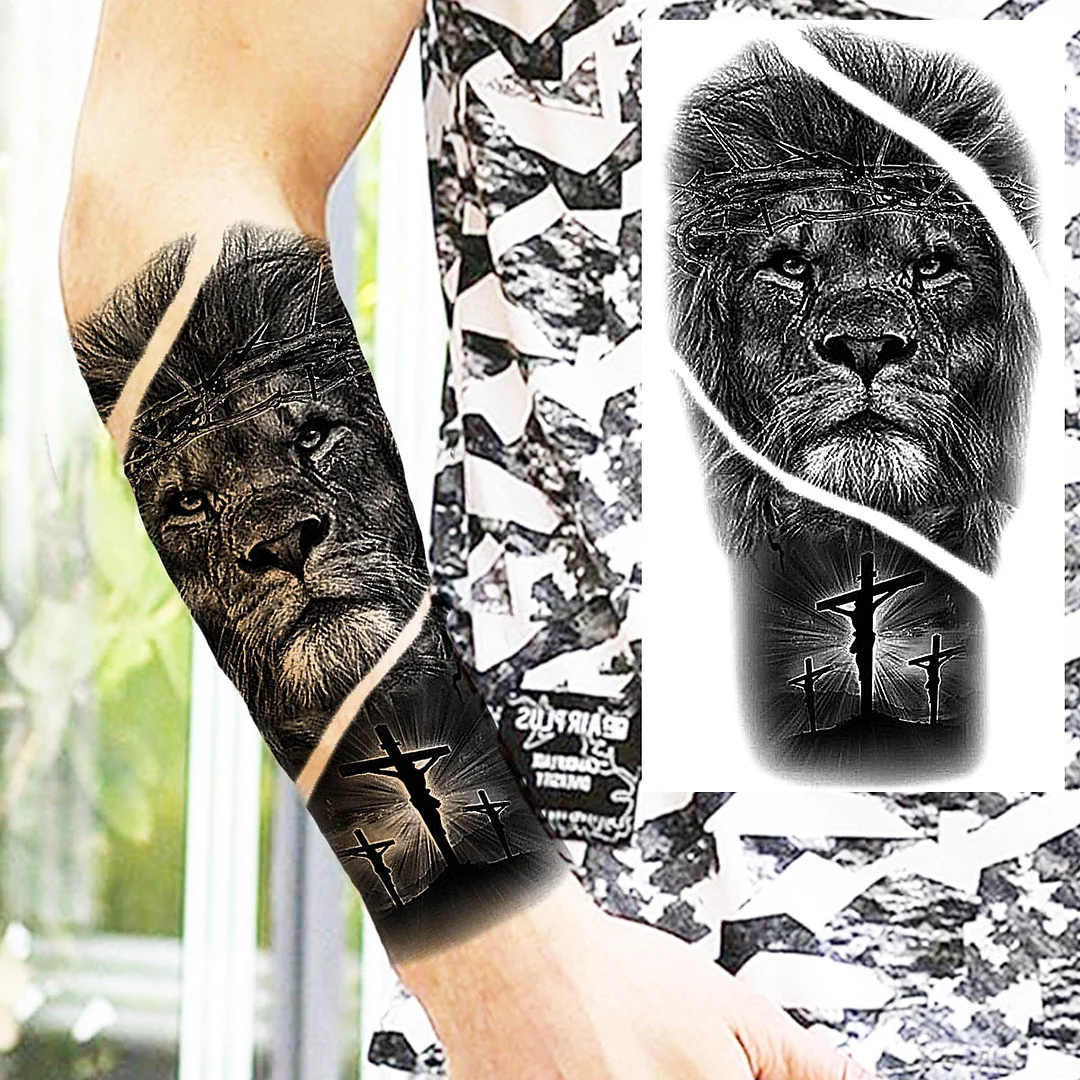Praying Lion Cross Temporary Tattoos For Men Women Clown Wolf Tiger Flower Compass Fake Tattoo Sticker Forearm Waterproof Tatoos