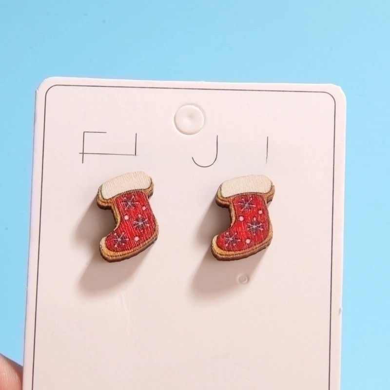 1 Set Cute Minimalist Christmas Tree Santa Claus Sock Printing Wood Ear Studs