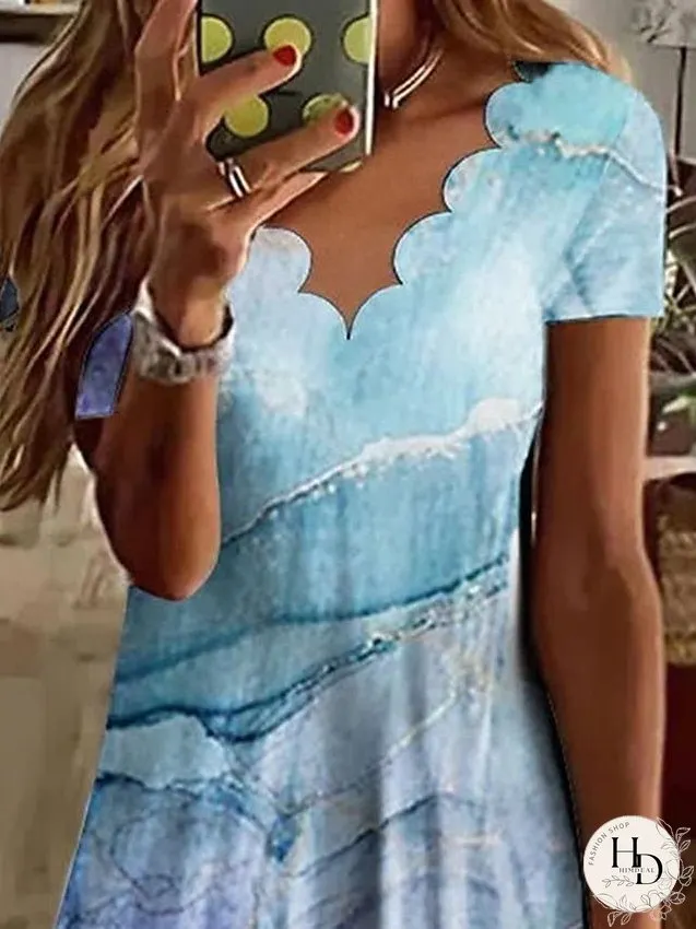 Casual Dress Shift Dress Print Dress Ombre Print Scalloped Neck Mini Dress Active Fashion Outdoor Daily Short Sleeve Regular Fit Blue Spring Summer S M L XL XXL for Women