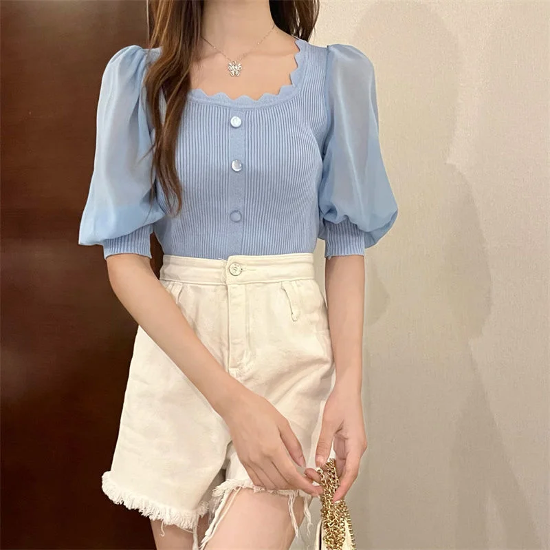 Uveng Uveng Korean Version Of The Small Fragrant Collarbone Design Shirt Short Bubble Sleeve Ice Silk Knitted Short-Sleeved T-Shirt Tide