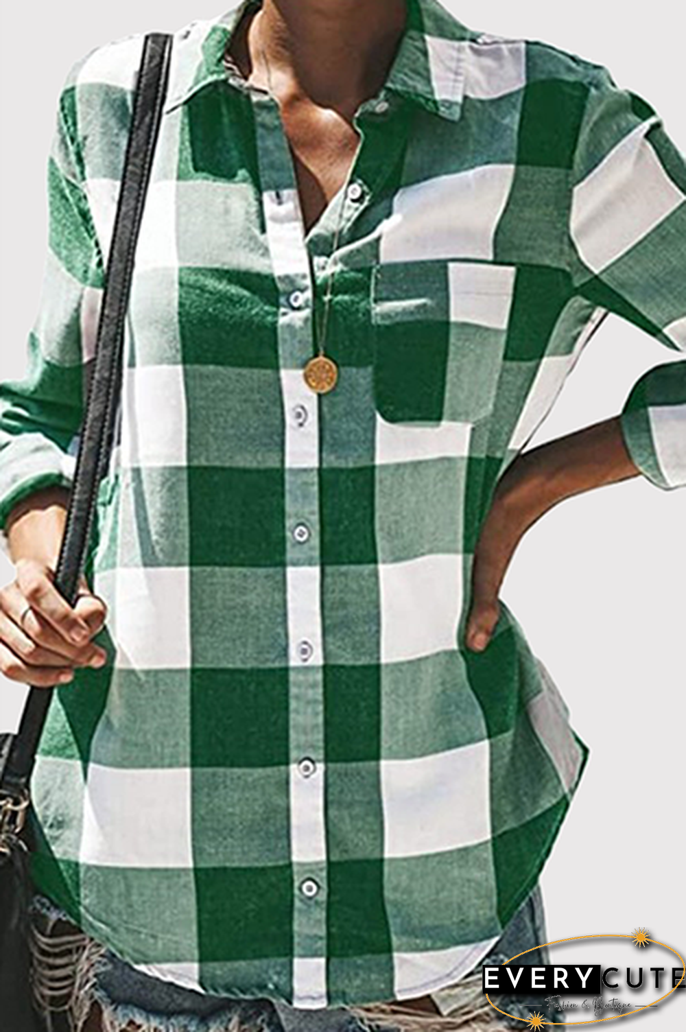 Casual Plaid Pocket Buckle Turndown Collar Tops