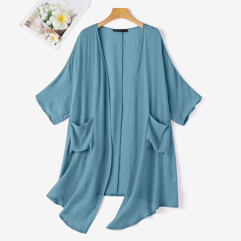 ZANZEA Summer Elegant Cardigans Vintage Women Blouse Solid Kimono Cape V Neck 3/4 Sleeve Sleeve Long Blusas Casual Tops Thin