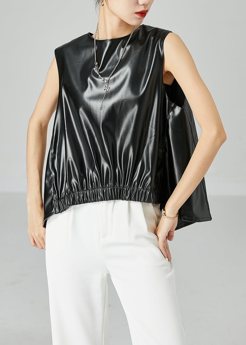 VCSHOES Black Oversized Cinched Side Open Sheepskin Vests Sleeveless