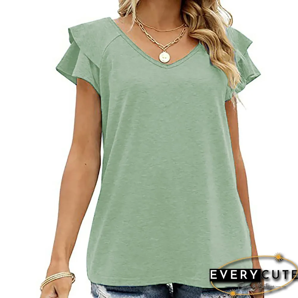 Pea green Layered Ruffled Short Sleeve Tops