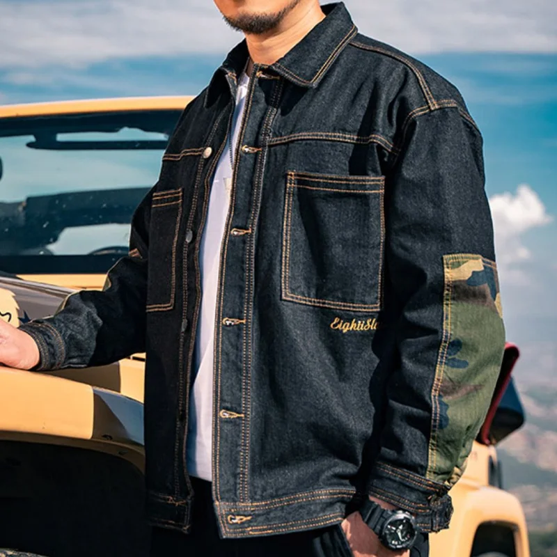 Denim Camouflage Panel Casual Loose Autumn and Winter Lapel Jacket