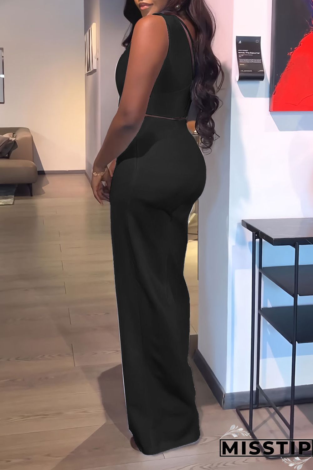 Black Casual Solid Patchwork V Neck Sleeveless Two Pieces