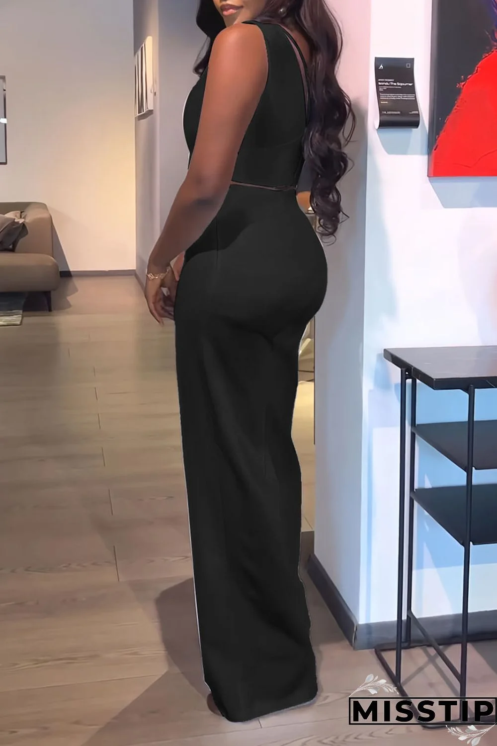 Black Casual Solid Patchwork V Neck Sleeveless Two Pieces