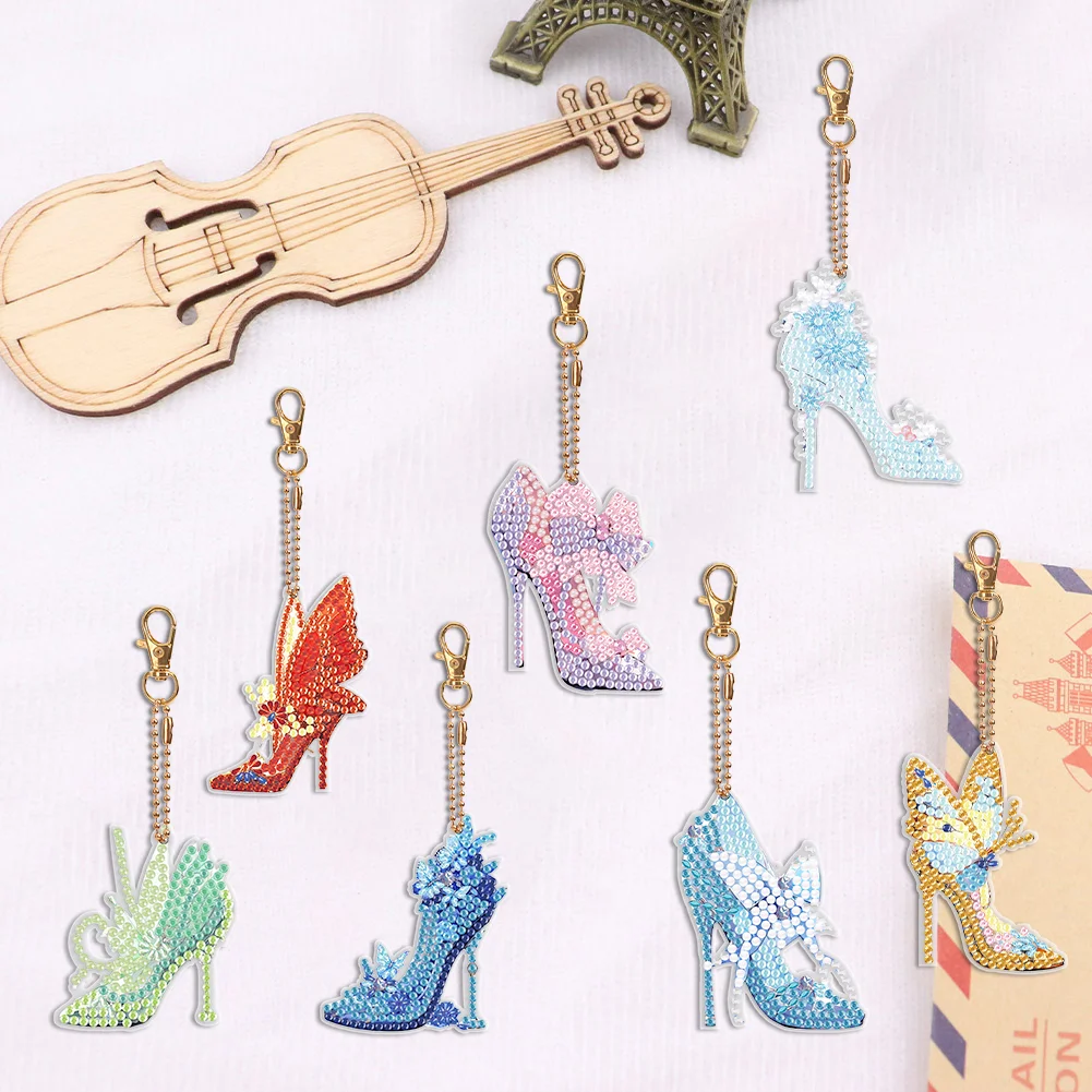 7pcs DIY Butterfly High Heels Double Sided Diamond Painting Keychain for Beginners Craft Supplies