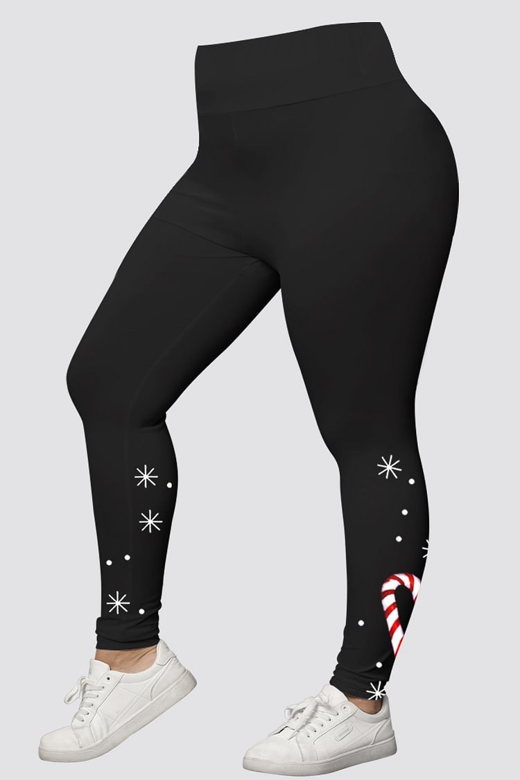 Flycurvy Plus Size Christmas Black Santa Claus Snowflake Candy Cane Print T-Shirt  Flycurvy [product_label]