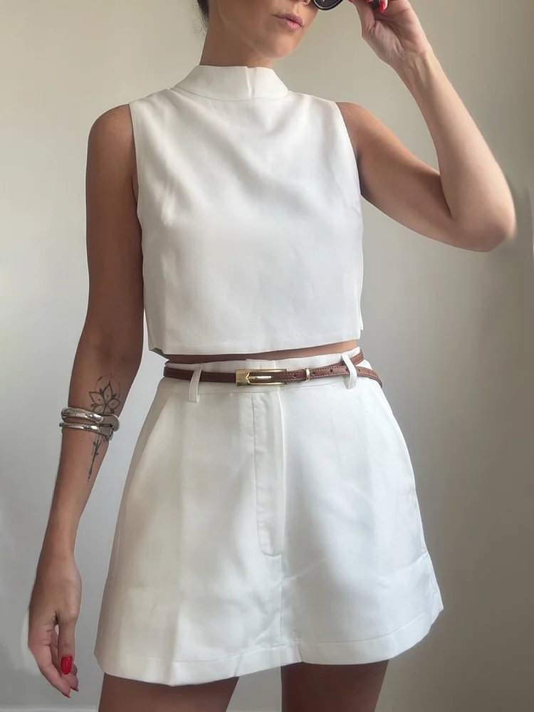 White Sleeveless Top & High Waisted Culotte Set