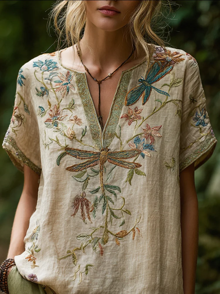 VChics Bohemian Style Dragonfly Flower Three-dimensional Embroidery Vintage V-neck Short-sleeved Shirt