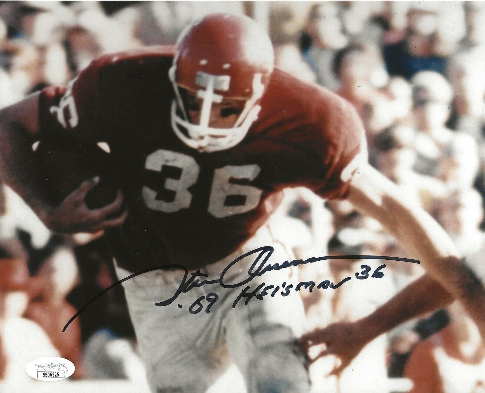 Steve Owens signed Oklahoma Sooners 8x10 Photo Poster painting W/ Heisman Inscription 3 JSA