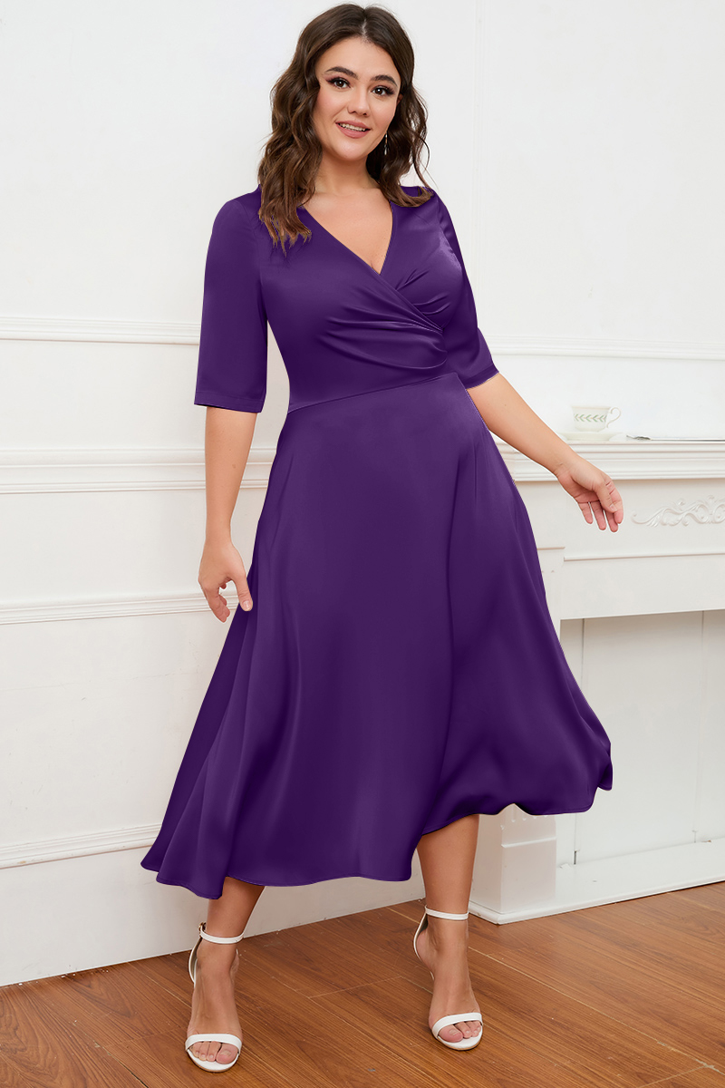 Flycurvy Plus Size Formal Purple Satin Finish Wrap V Neck Half Sleeve Tunic Maxi Dress