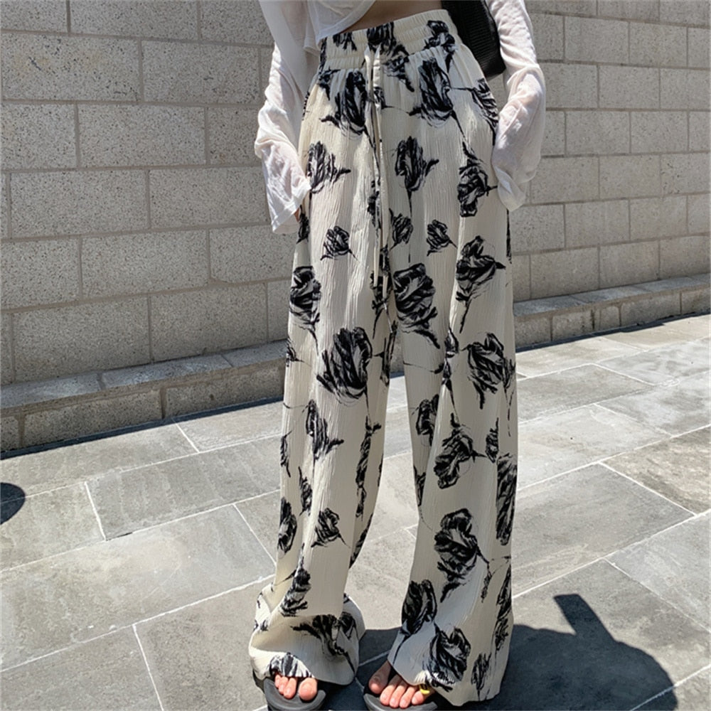 Llyge Full Length Pants Oil Painting New Women Loose Printed 2024 Straight Summer Work Wear Office Lady Streetwear Trousers llyge