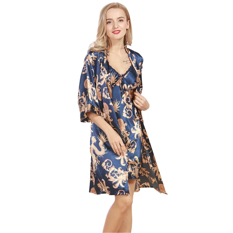 3Pcs Dragon Pattern Printed Silky Pajama Set