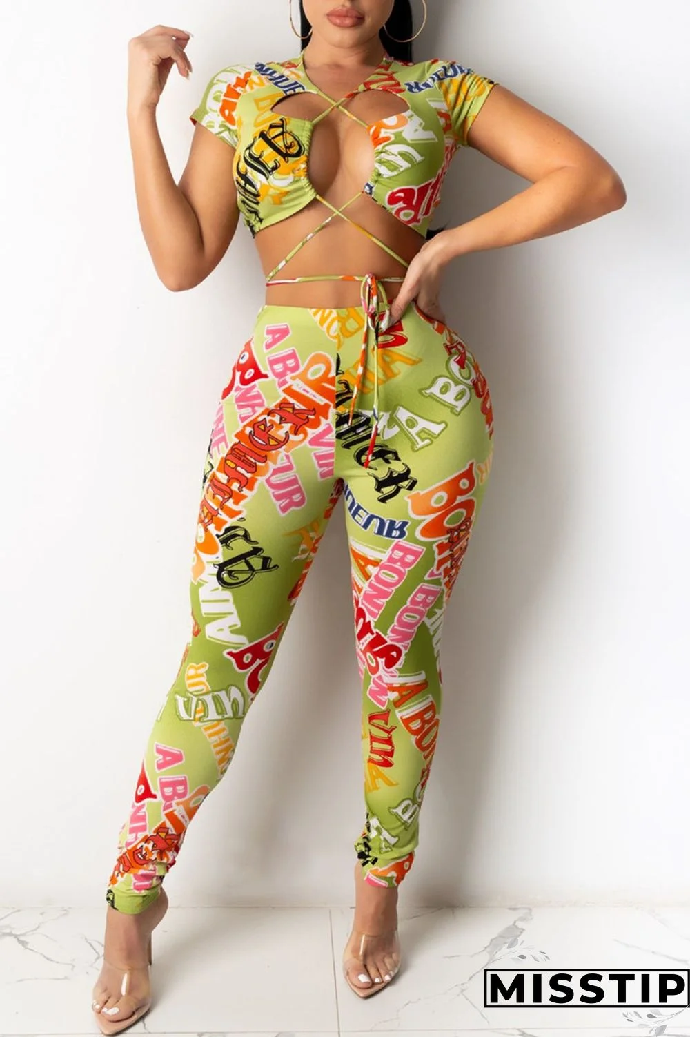 Green Fashion Sexy Letter Print Hollowed Out V Neck Short Sleeve Two Pieces