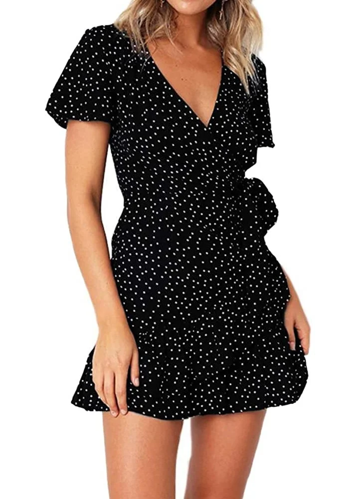 Women's Summer Wrap V Neck Polka Dot Print Ruffle Short Sleeve Mini Floral Dress with Belt