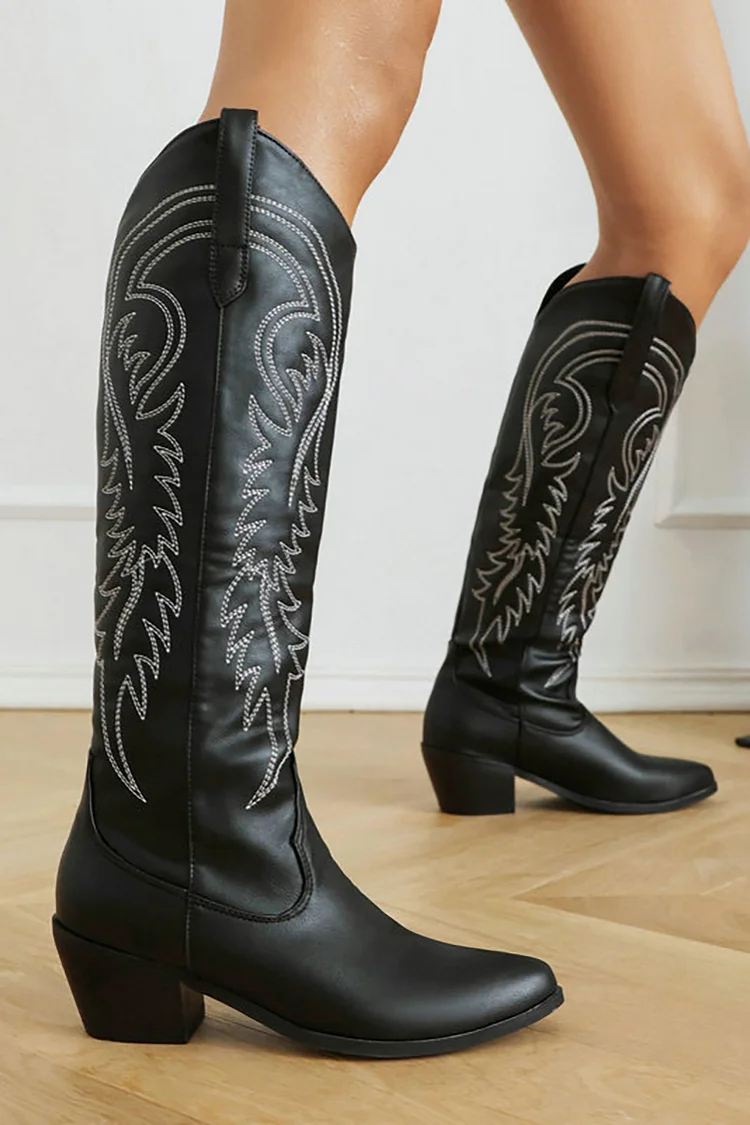 Vintage Totem Embroidery V Groove Pointy Toe Knee High Boots