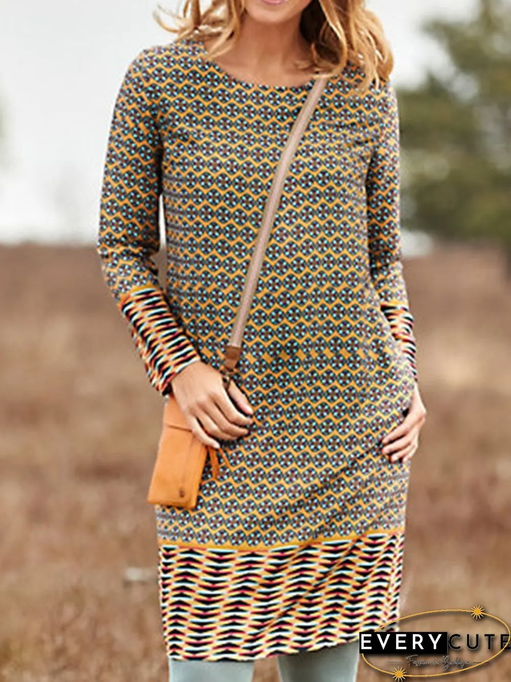 Vintage Floral Autumn Daily Jersey Midi Long sleeve T-Shirt Dress A-Line Dresses for Women