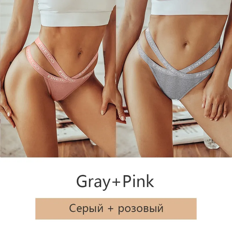 FINETOO 2Pcs/set Sexy Thongs Women Cotton G-string Panties Letter Bikini Underwear Girls Cross Belt Low-rise Underpants Lingerie