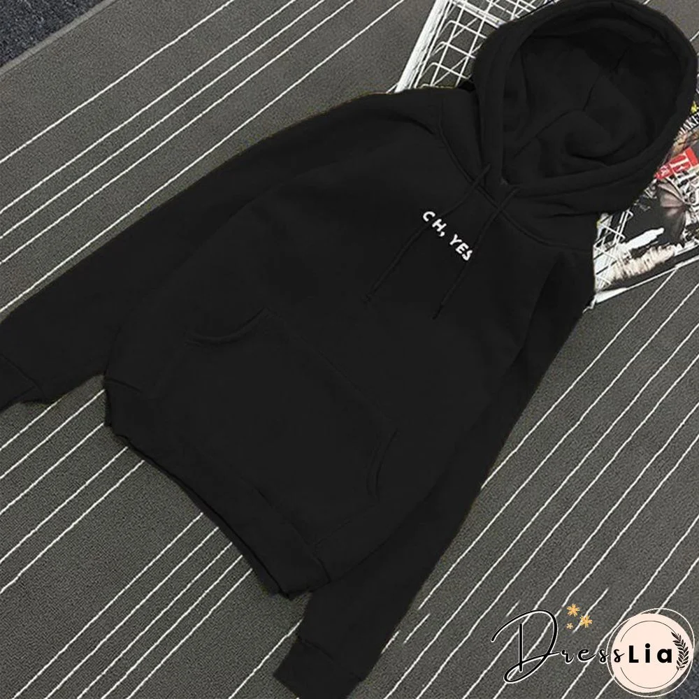 Autumn Winter Fleece Oh Yes Letter Harajuku Print Pullover Thick Loose Women Hoodies Sweatshirt Female Casual Coat