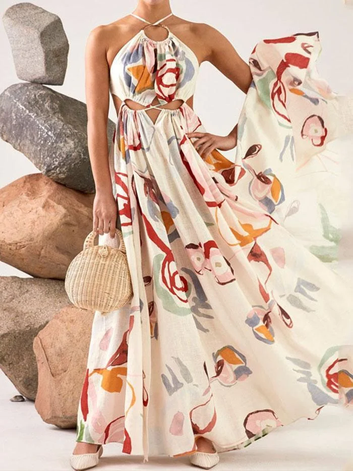 Large swing strap stitching printed beach dress