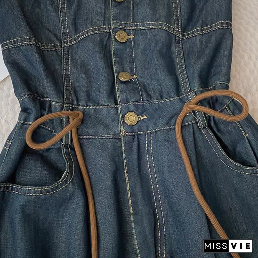 Pure Color Knit Cardigan Off The Shoulder Lace Up Denim Overalls