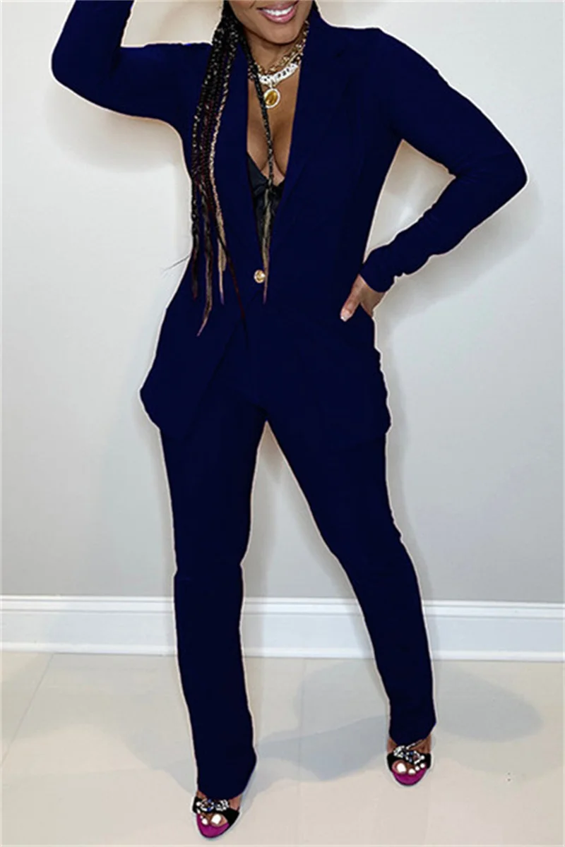 Dark Blue Casual Solid Cardigan Pants Turn-back Collar Long Sleeve Two Pieces | EGEMISS