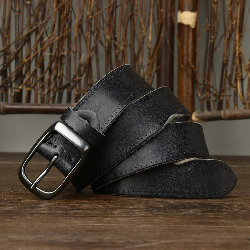 Men's Retro Old Pleated Belt Genuine Leather Casual Jeans Belt 3.3CM Wide