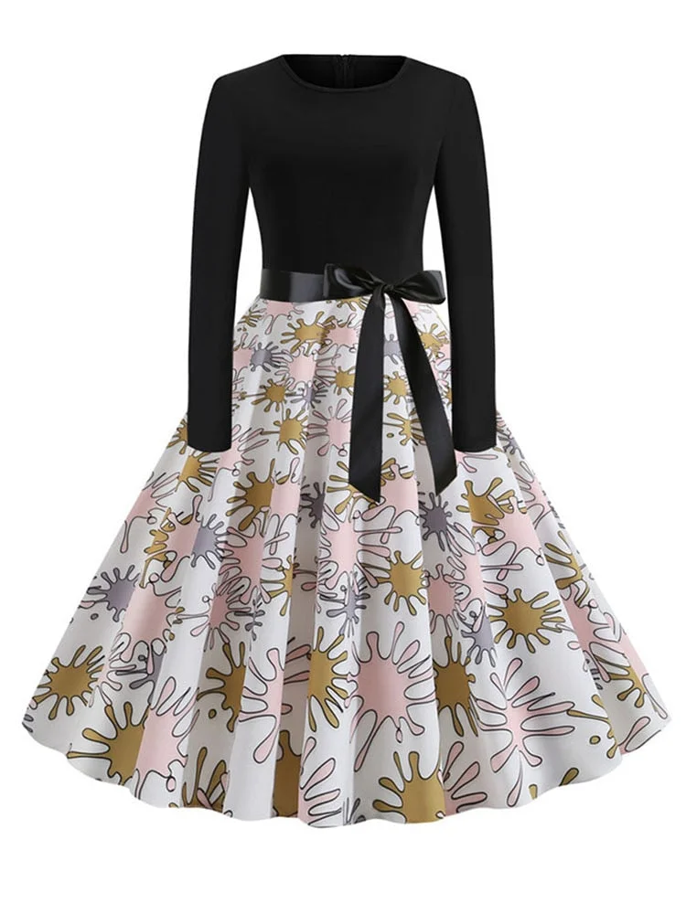 New Autumn Winter Women Plaid Print Dress Elegant Casual Vintgae Dress Robe Femme Black Patchwork A-line Party Vestidos