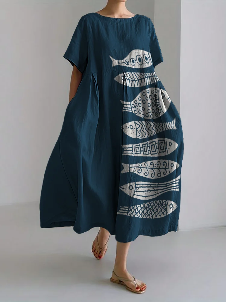 Fish Japanese Lino Art Flowy Linen Blend Maxi Dress