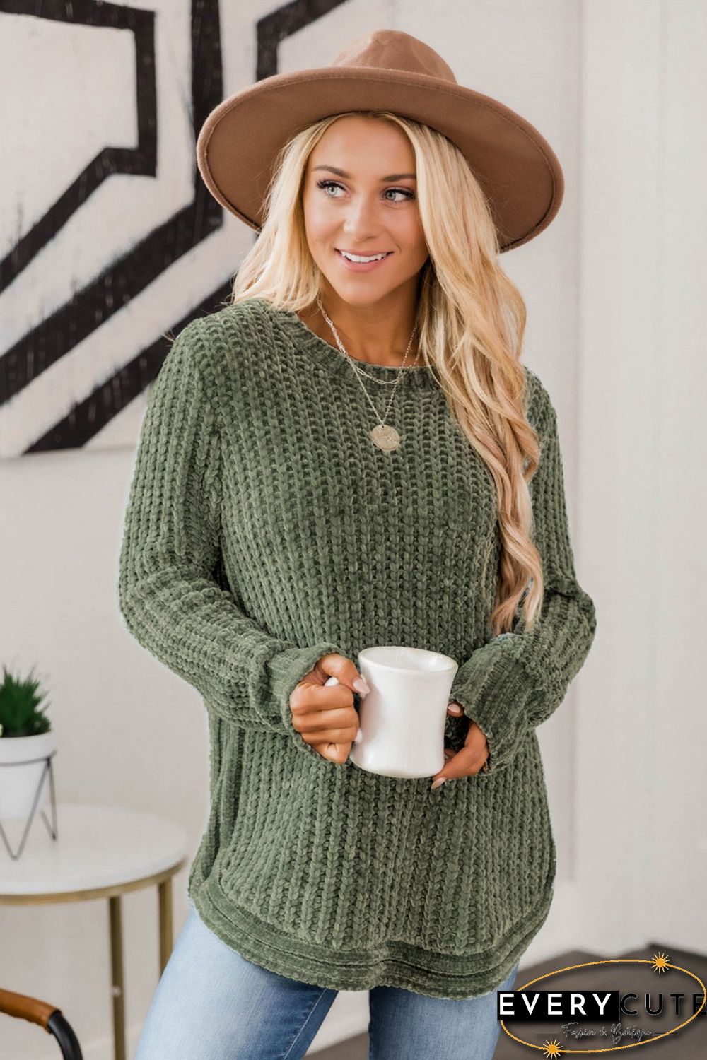 Green Long Sleeve Round Hem Cable Knit Sweater