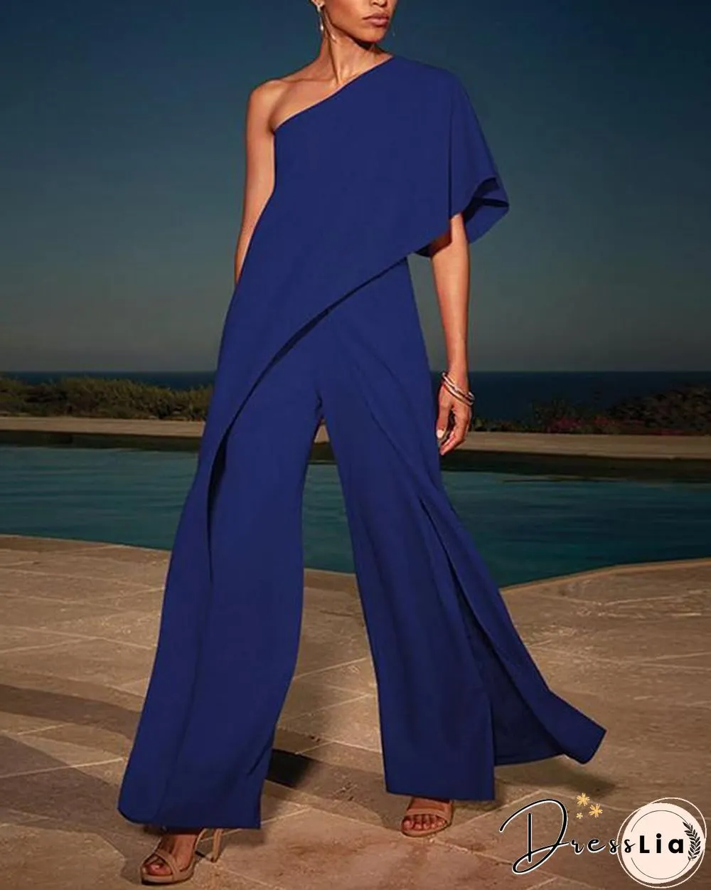 One Shoulder Solid High Waist Wide Leg Black Elegant Jumpsuit