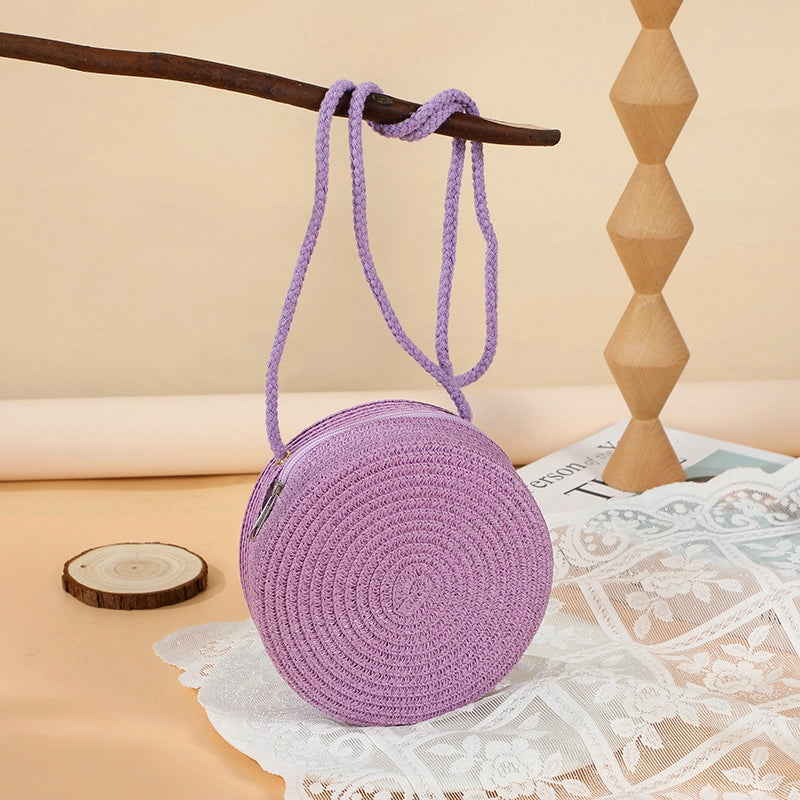 Girl’S Straw Solid Color Cute Round Zipper Shoulder Bag