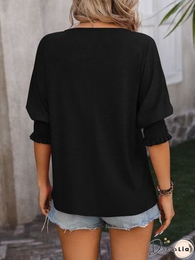 Heathered Notched Lantern Sleeve Blouse