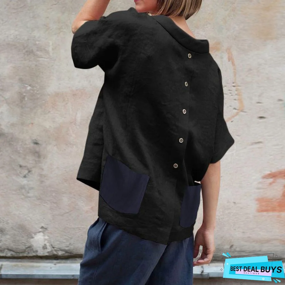 Oversized Vintage Cotton Tops Women Blouses Short Sleeve Buttons Casual Shirts Pockets Loose Tops
