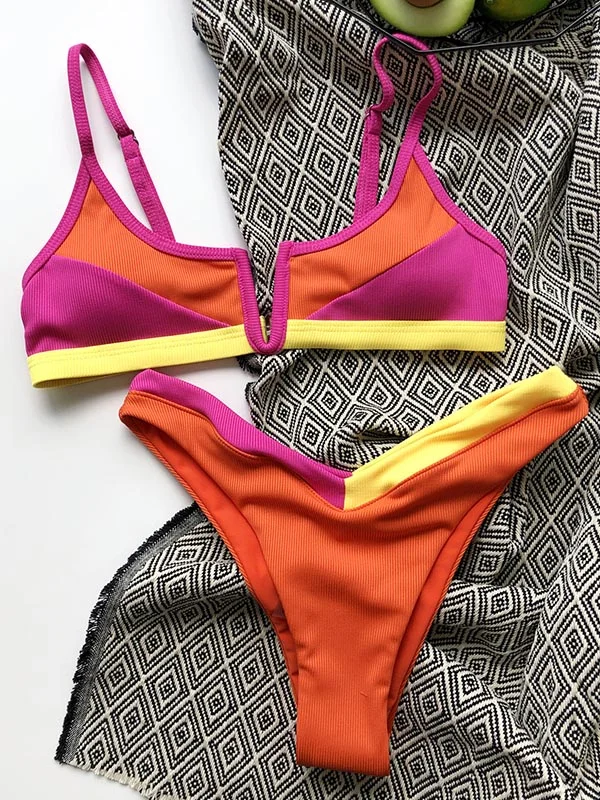 Split-Joint Contrast Color Bralette&Brazilian Bikini Swimwear