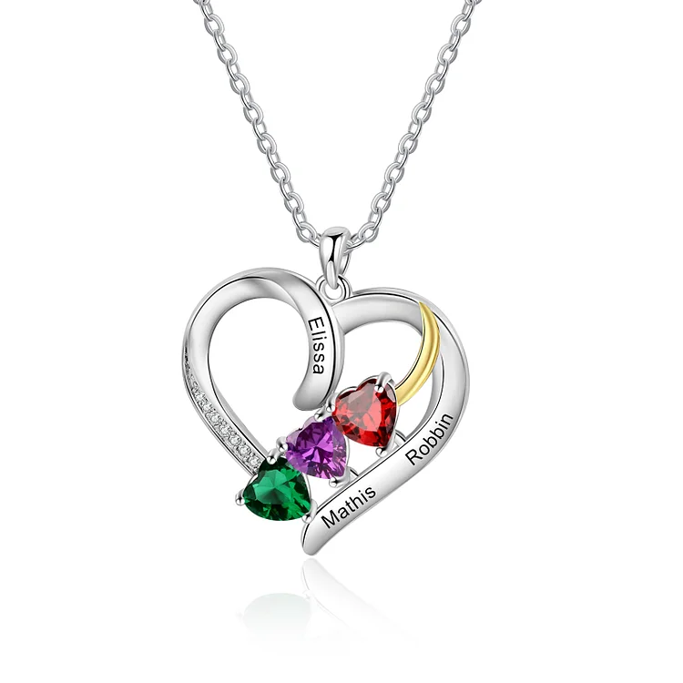 Love Necklace with 3 Birthstones Custom Heart Necklace for Her
