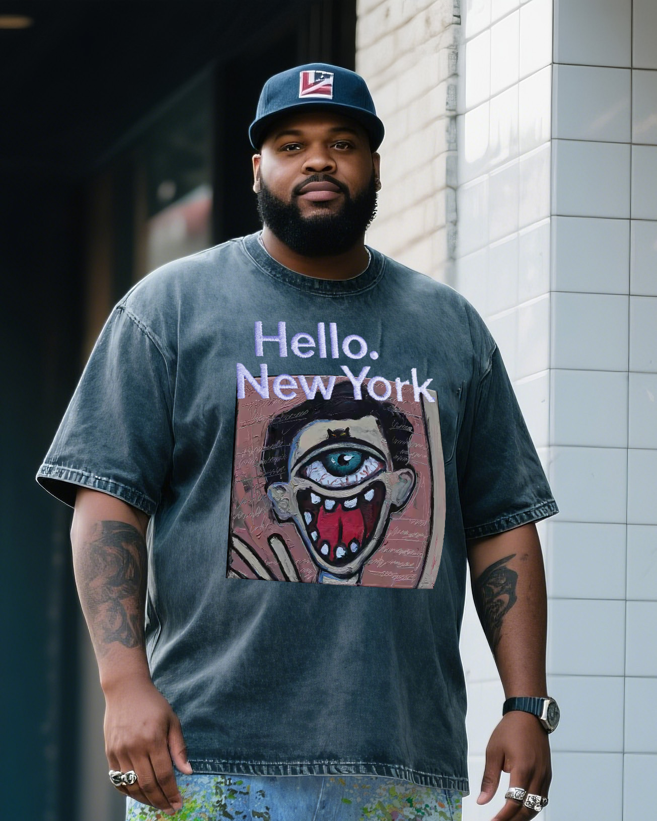 Plus Size Men Hello New York Printed T-Shirt Splash Ink Pants Denim Suit