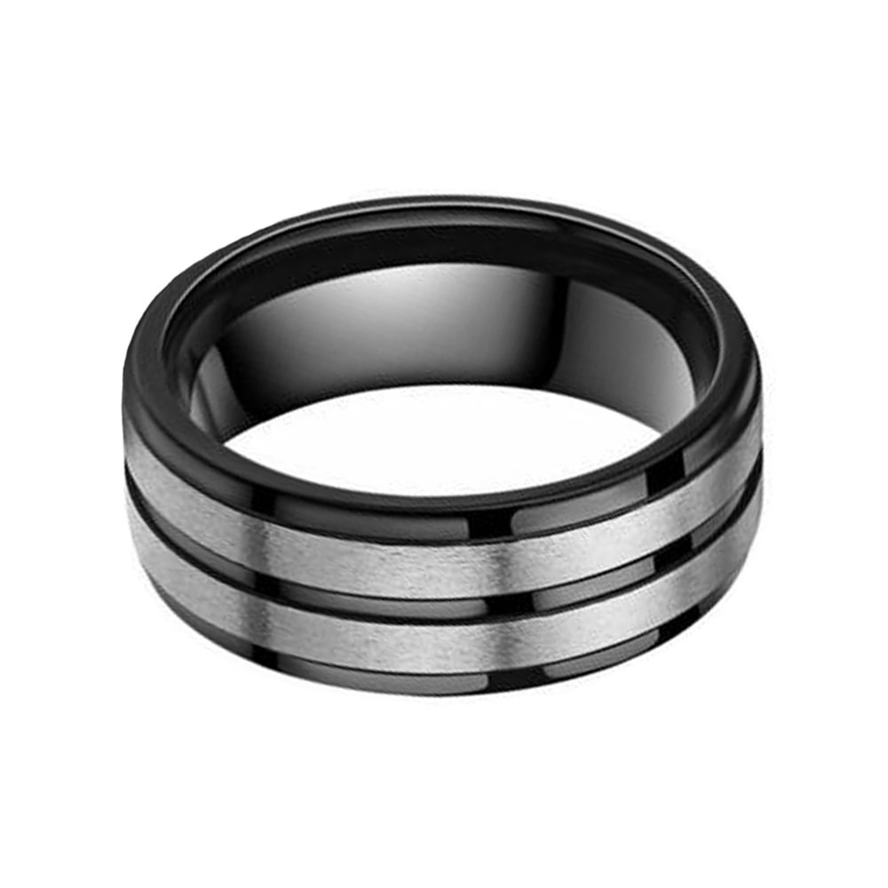 8mm Black Tungsten Rings Double Silver Brushed Polished Finished For Mens Ring