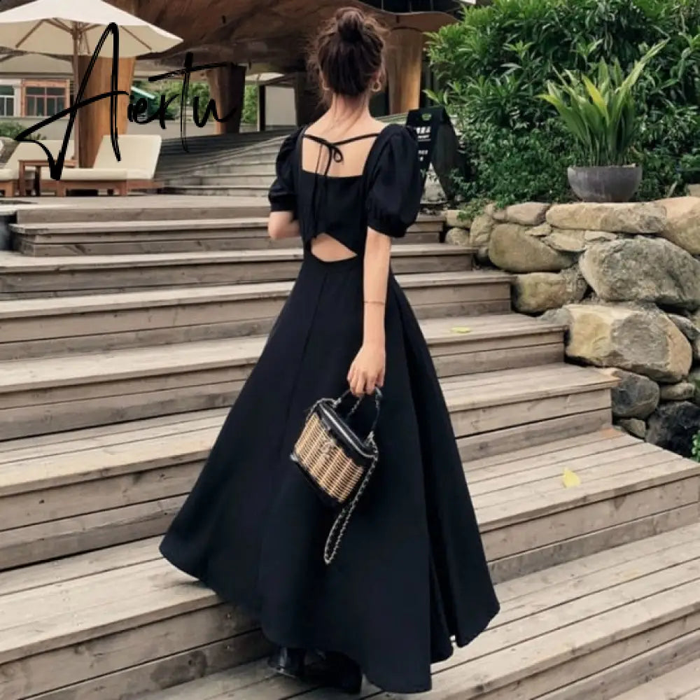 Dress Womens Chic Vintage Black High Waist Square Collar Puff Sleeve Bow A-line Classy Retro Elegant French Female Clothing New Aiertu