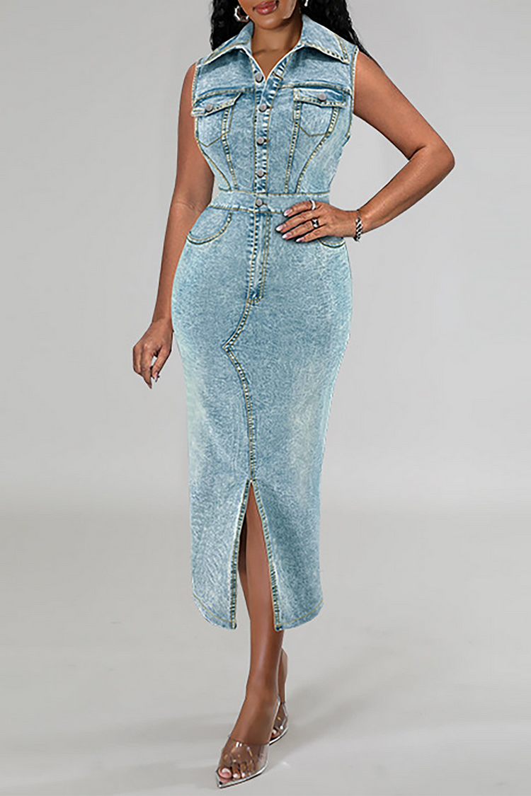Turndown Collar Sleeveless Button Up Pocket Slit Denim Midi Dresses-Blue