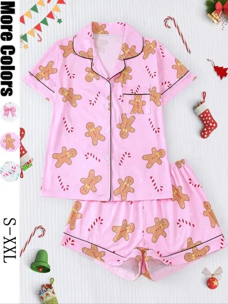 【christmas】Women's Christmas Pajama Set, Santa Cookie Print, Short Sleeve Button-up Top & Elastic Shorts, Casual All-season Sleepwear, Christmas Pyjamas, Loungewear